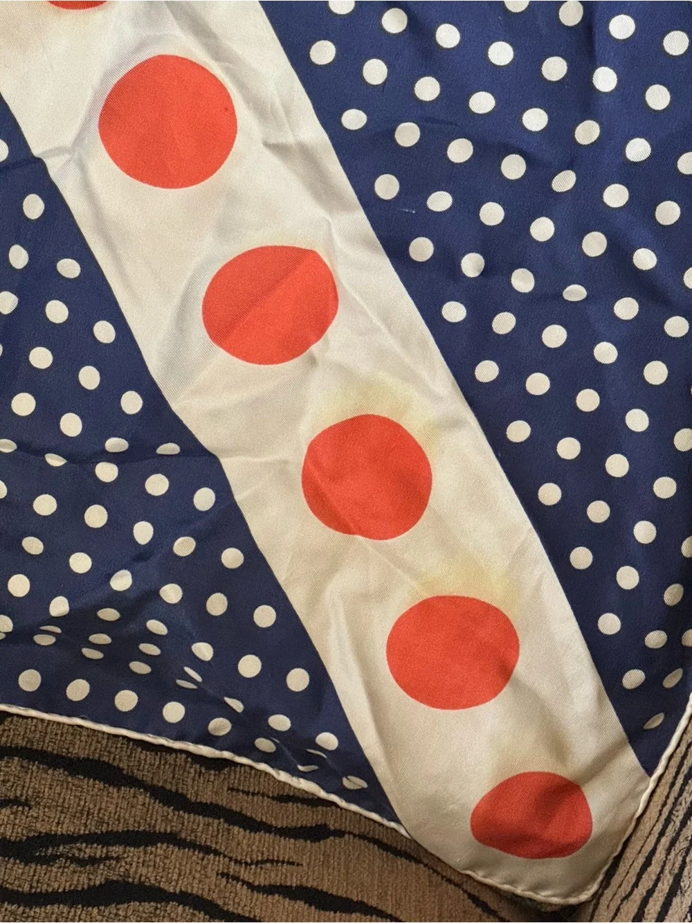 Givenchy Navy and White Polka Dot Silk Accent with Orange Dot Stripe